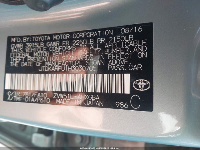 Aukcja sprzedaży 2017 Toyota Prius Three, vin: JTDKARFU1H3030705, numer aukcji: 46112002