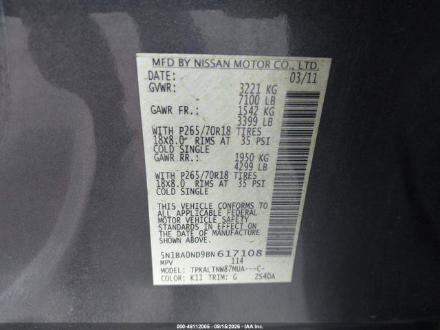 Продажа на аукционе авто 2011 Nissan Armada Sv, vin: 5N1BA0ND9BN617108, номер лота: 46112005
