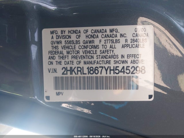 46112006 :رقم المزاد ، 2HKRL1867YH545298 vin ، 2000 Honda Odyssey Ex مزاد بيع