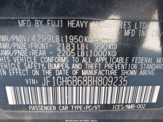 Продажа на аукционе авто 2011 Subaru Impreza 2.5i Premium, vin: JF1GH6B68BH809235, номер лота: 46112016