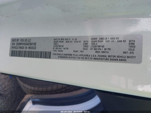 Продаж на аукціоні авто 2025 Ram Promaster 3500 Tradesman High Roof 159 Wb W/pass Seat, vin: 3C6MRVHG6SE550102, номер лоту: 46112020