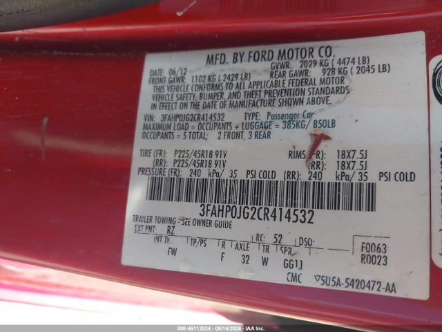 2012 Ford Fusion Sel მანქანა იყიდება აუქციონზე, vin: 3FAHP0JG2CR414532, აუქციონის ნომერი: 46112024