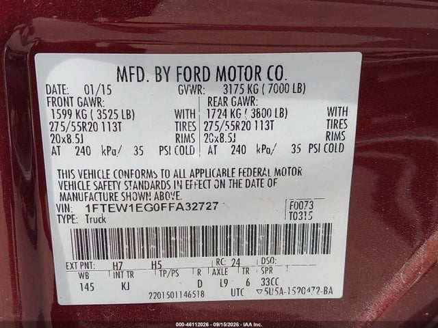 2015 Ford F-150 King Ranch მანქანა იყიდება აუქციონზე, vin: 1FTEW1EG0FFA32727, აუქციონის ნომერი: 46112026