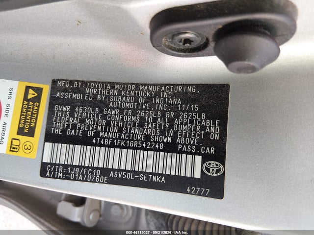 46112027 :رقم المزاد ، 4T4BF1FK1GR542248 vin ، 2016 Toyota Camry Le مزاد بيع