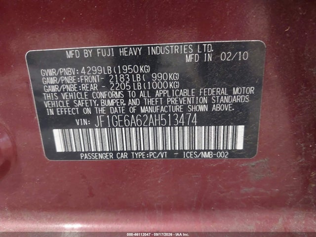 Продаж на аукціоні авто 2010 Subaru Impreza 2.5i, vin: JF1GE6A62AH513474, номер лоту: 46112047