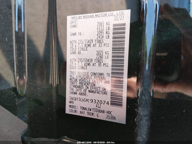 46112048 :رقم المزاد ، 5N1BT3CA5PC932074 vin ، 2023 Nissan Rogue Sl Fwd مزاد بيع