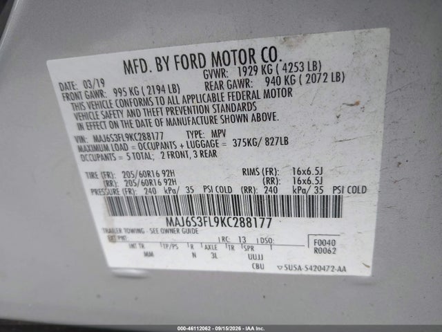 46112062 :رقم المزاد ، MAJ6S3FL9KC288177 vin ، 2019 Ford Ecosport S مزاد بيع