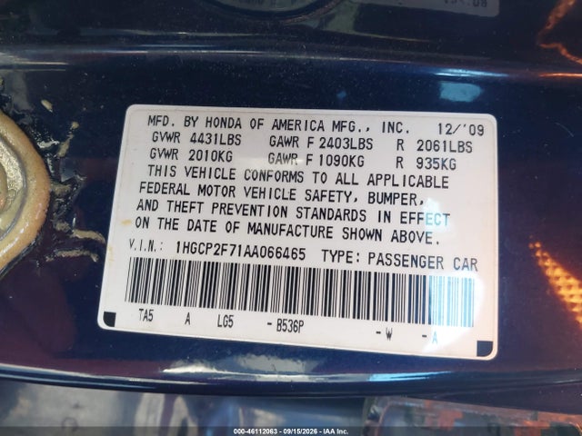 2010 Honda Accord 2.4 Ex მანქანა იყიდება აუქციონზე, vin: 1HGCP2F71AA066465, აუქციონის ნომერი: 46112063