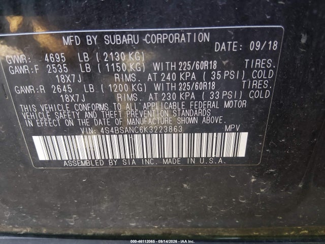 Продаж на аукціоні авто 2019 Subaru Outback 2.5i Limited, vin: 4S4BSANC6K3223863, номер лоту: 46112065