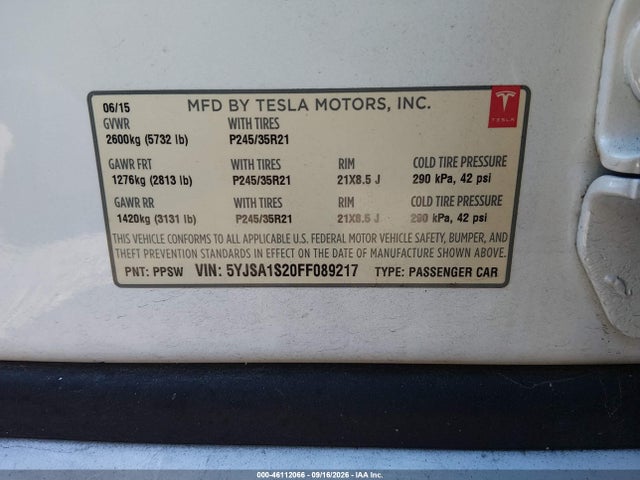 Aukcja sprzedaży 2015 Tesla Model S 70d/85d/p85d, vin: 5YJSA1S20FF089217, numer aukcji: 46112066