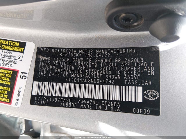 Продажа на аукционе авто 2022 Toyota Camry Le, vin: 4T1C11AK8NU044792, номер лота: 46112075