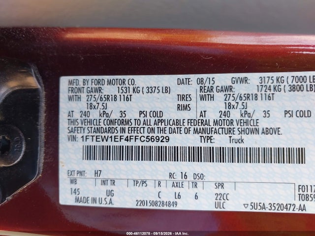 Продажа на аукционе авто 2015 Ford F-150 Xlt, vin: 1FTEW1EF4FFC56929, номер лота: 46112078