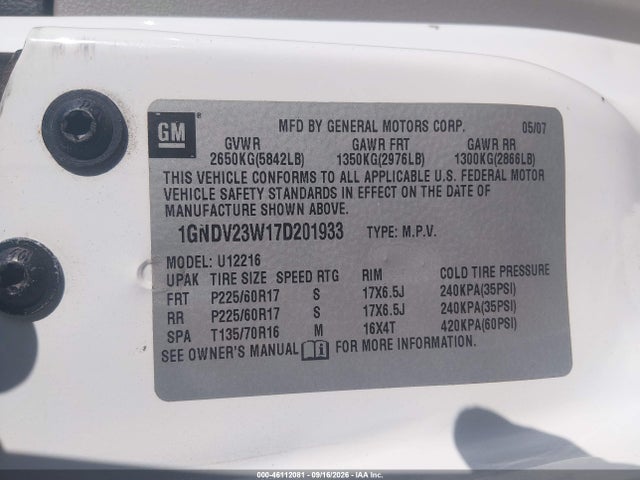 46112081 :رقم المزاد ، 1GNDV23W17D201933 vin ، 2007 Chevrolet Uplander Ls مزاد بيع