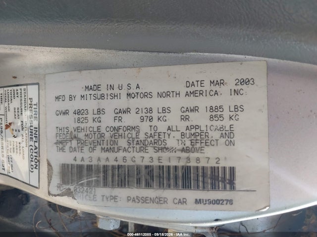 46112085 :رقم المزاد ، 4A3AA46G73E173872 vin ، 2003 Mitsubishi Galant Es/ls مزاد بيع