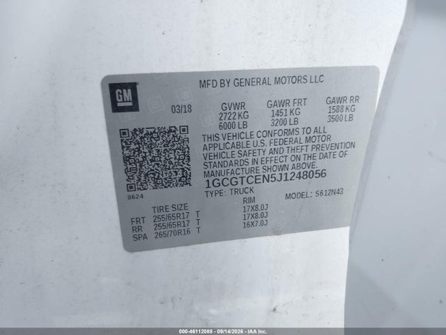 2018 Chevrolet Colorado Lt მანქანა იყიდება აუქციონზე, vin: 1GCGTCEN5J1248056, აუქციონის ნომერი: 46112088