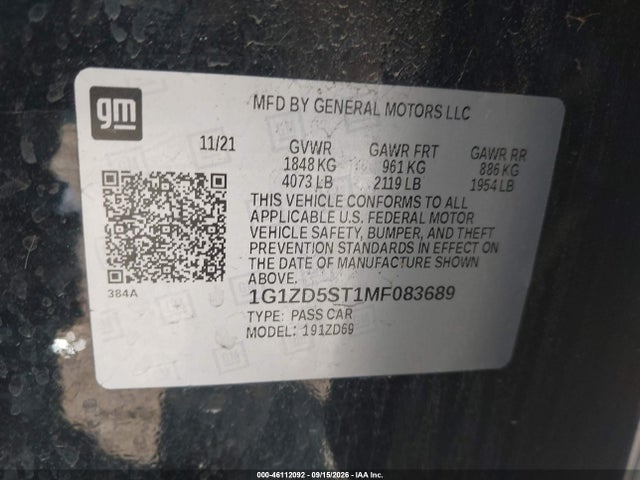 Продажа на аукционе авто 2021 Chevrolet Malibu Fwd Lt, vin: 1G1ZD5ST1MF083689, номер лота: 46112092