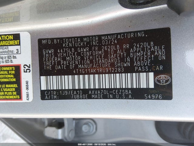 46112095 :رقم المزاد ، 4T1G11AK1RU912283 vin ، 2024 Toyota Camry Se مزاد بيع