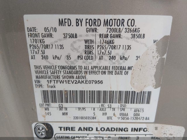 2010 Ford F-150 Fx4/harley-davidson/king Ranch/lariat/platinum/xl/xlt მანქანა იყიდება აუქციონზე, vin: 1FTFW1EV2AKE07956, აუქციონის ნომერი: 46112098