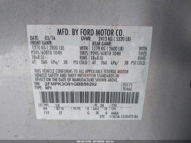Продажа на аукционе авто 2016 Ford Edge Se, vin: 2FMPK3G91GBB56292, номер лота: 46112106