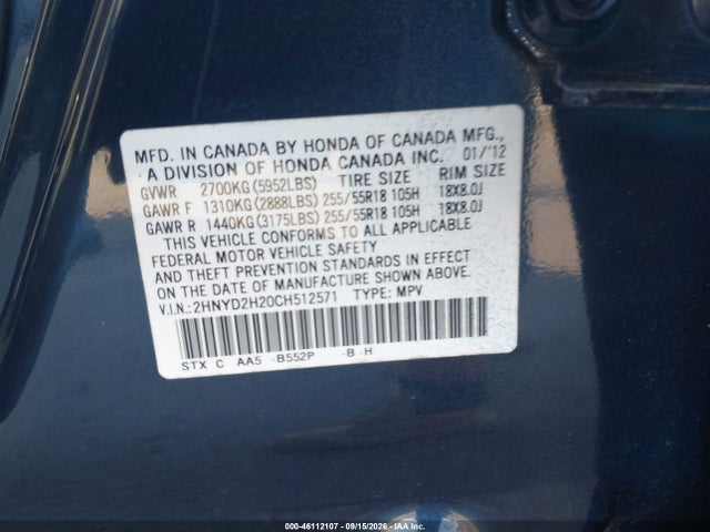 Aukcja sprzedaży 2012 Acura Mdx, vin: 2HNYD2H20CH512571, numer aukcji: 46112107