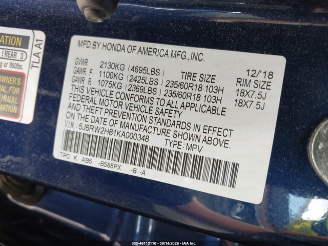 Aukcja sprzedaży 2019 Honda Cr-v Ex-l, vin: 5J6RW2H81KA000348, numer aukcji: 46112110