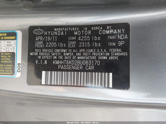Продаж на аукціоні авто 2011 Hyundai Genesis 2.0t, vin: KMHHT6KD2BU063170, номер лоту: 46112123
