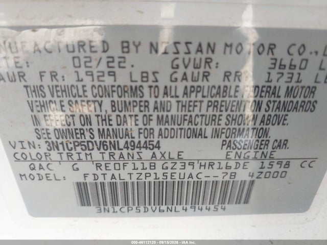 46112125 :رقم المزاد ، 3N1CP5DV6NL494454 vin ، 2022 Nissan Kicks Sr Xtronic Cvt مزاد بيع