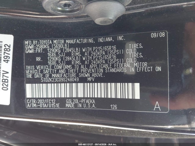 Продажа на аукционе авто 2009 Toyota Sienna Le, vin: 5TDZK23C09S248049, номер лота: 46112127