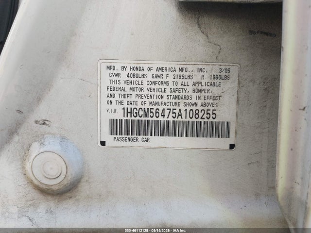 46112129 :رقم المزاد ، 1HGCM56475A108255 vin ، 2005 Honda Accord 2.4 Lx مزاد بيع