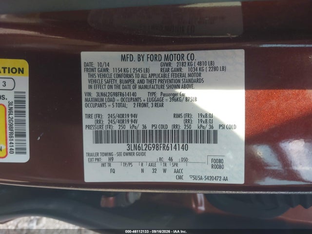 Продаж на аукціоні авто 2015 Lincoln Mkz, vin: 3LN6L2G98FR614140, номер лоту: 46112133