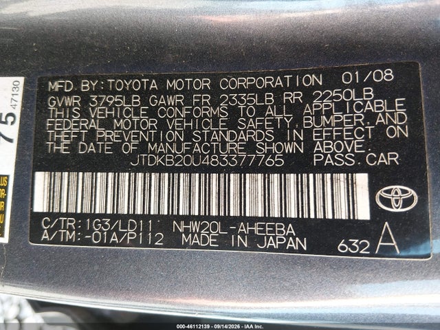 2008 Toyota Prius მანქანა იყიდება აუქციონზე, vin: JTDKB20U483377765, აუქციონის ნომერი: 46112139