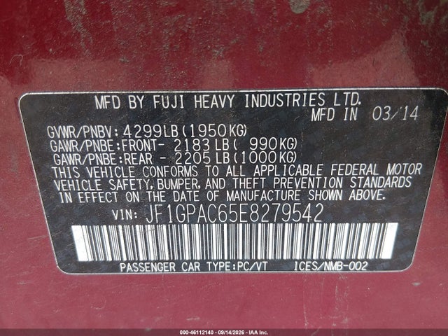 Продаж на аукціоні авто 2014 Subaru Impreza 2.0i Premium, vin: JF1GPAC65E8279542, номер лоту: 46112140