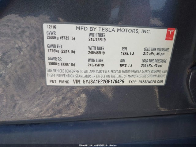 Aukcja sprzedaży 2016 Tesla Model S 60d/70d/75d/85d/90d, vin: 5YJSA1E22GF170426, numer aukcji: 46112141