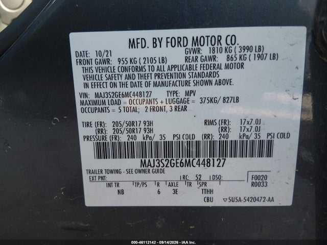 Aukcja sprzedaży 2021 Ford Ecosport Se, vin: MAJ3S2GE6MC448127, numer aukcji: 46112142