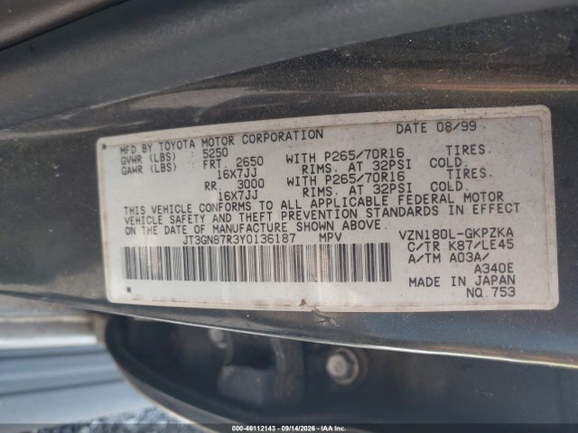 Aukcja sprzedaży 2000 Toyota 4runner Limited V6, vin: JT3GN87R3Y0136187, numer aukcji: 46112143
