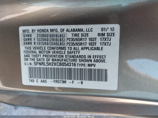 Aukcja sprzedaży 2012 Honda Odyssey Lx, vin: 5FNRL5H2XCB054316, numer aukcji: 46112147