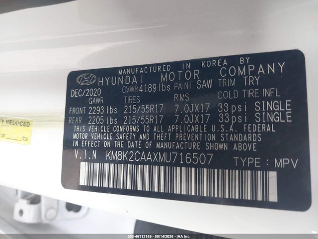 2021 Hyundai Kona Sel მანქანა იყიდება აუქციონზე, vin: KM8K2CAAXMU716507, აუქციონის ნომერი: 46112149