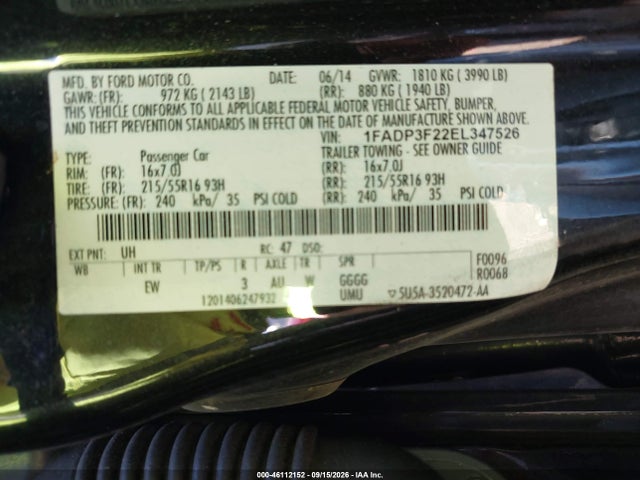 Продаж на аукціоні авто 2014 Ford Focus Se, vin: 1FADP3F22EL347526, номер лоту: 46112152