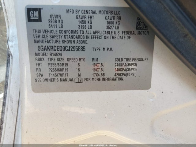 46112160 :رقم المزاد ، 5GAKRCED9CJ295885 vin ، 2012 Buick Enclave Leather مزاد بيع