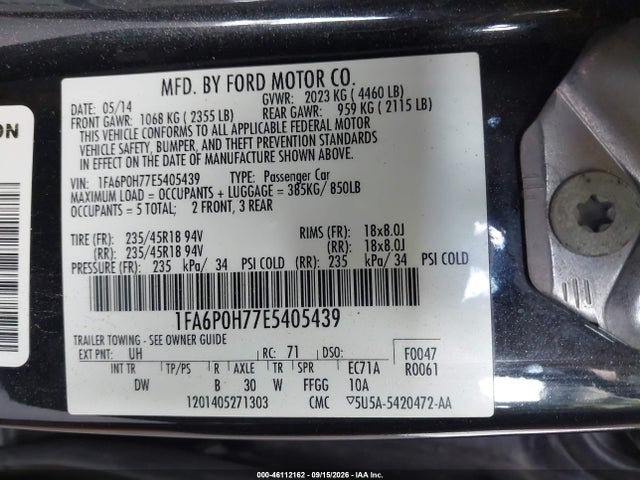 46112162 :رقم المزاد ، 1FA6P0H77E5405439 vin ، 2014 Ford Fusion Se مزاد بيع