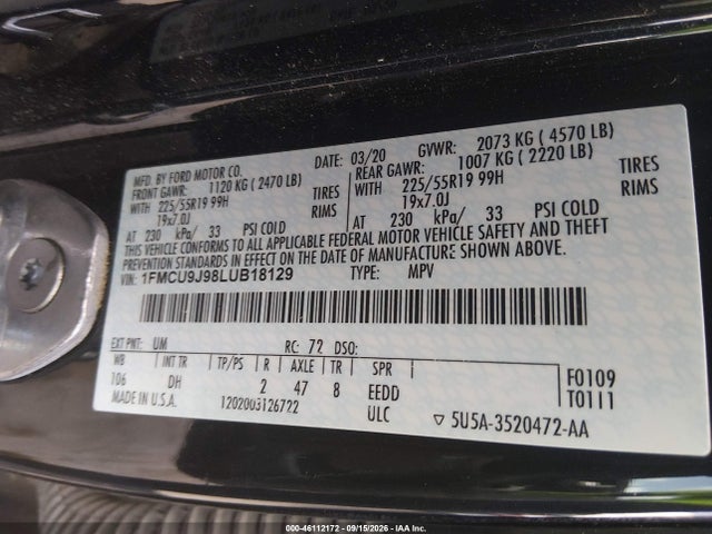 Продаж на аукціоні авто 2020 Ford Escape Titanium, vin: 1FMCU9J98LUB18129, номер лоту: 46112172