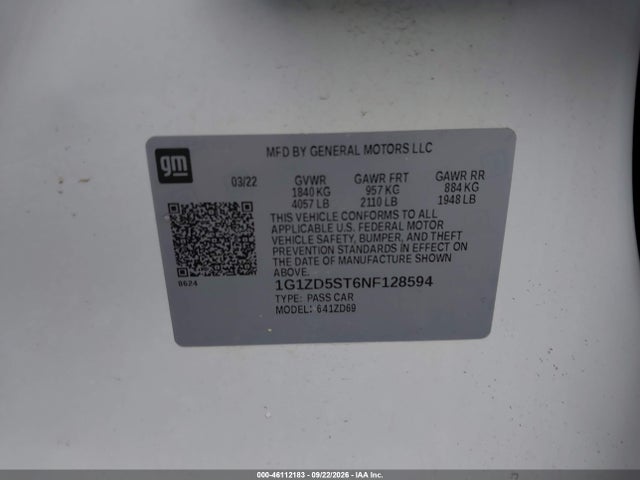 2022 Chevrolet Malibu Fwd Lt მანქანა იყიდება აუქციონზე, vin: 1G1ZD5ST6NF128594, აუქციონის ნომერი: 46112183
