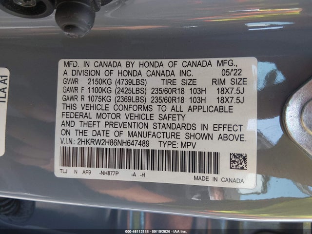2022 Honda Cr-v Awd Ex-l მანქანა იყიდება აუქციონზე, vin: 2HKRW2H86NH647489, აუქციონის ნომერი: 46112188