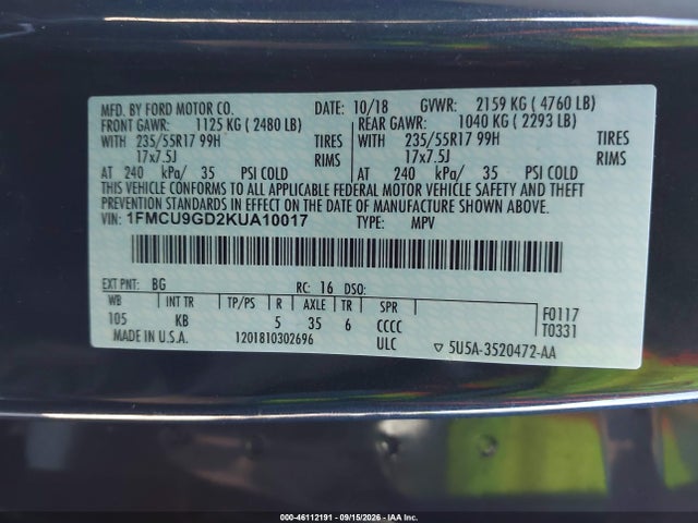 Продаж на аукціоні авто 2019 Ford Escape Se, vin: 1FMCU9GD2KUA10017, номер лоту: 46112191