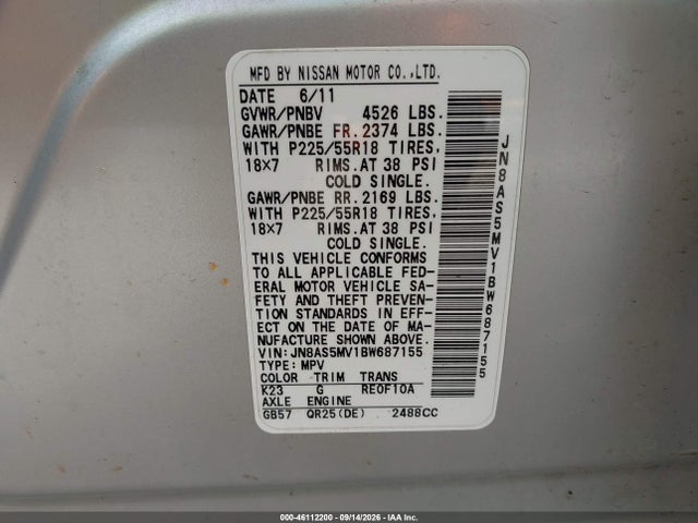 Продажа на аукционе авто 2011 Nissan Rogue Sv, vin: JN8AS5MV1BW687155, номер лота: 46112200