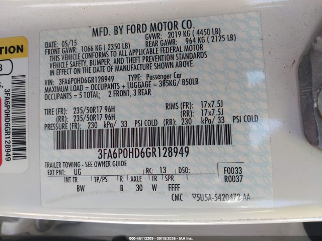Aukcja sprzedaży 2016 Ford Fusion Se, vin: 3FA6P0HD6GR128949, numer aukcji: 46112209