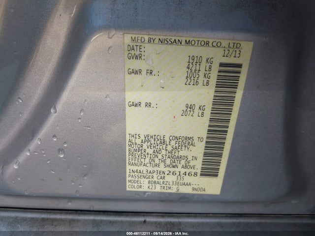 46112211 :رقم المزاد ، 1N4AL3AP3EN261468 vin ، 2014 Nissan Altima 2.5/2.5 S/2.5 Sl/2.5 Sv مزاد بيع