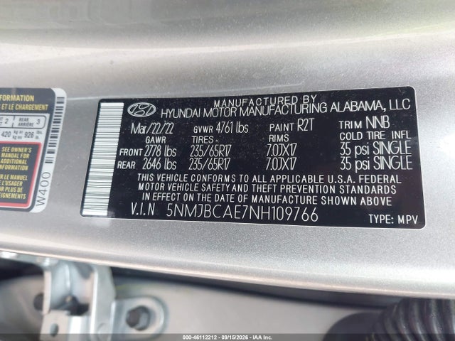 Aukcja sprzedaży 2022 Hyundai Tucson Sel, vin: 5NMJBCAE7NH109766, numer aukcji: 46112212