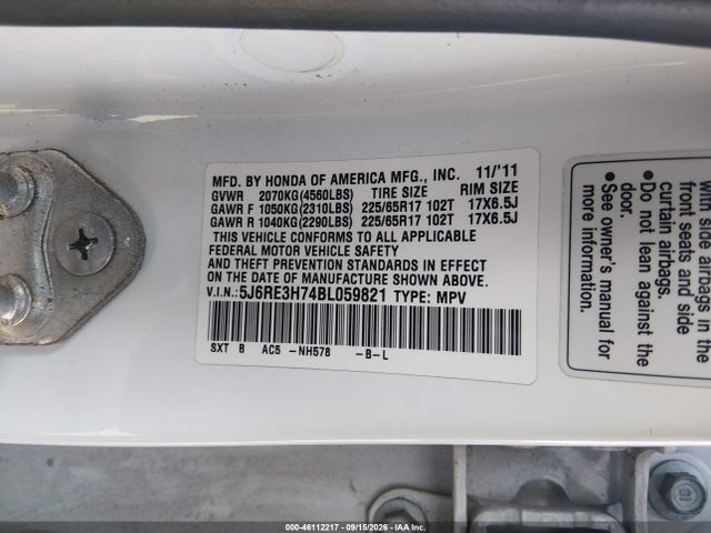 Продаж на аукціоні авто 2011 Honda Cr-v Ex-l, vin: 5J6RE3H74BL059821, номер лоту: 46112217