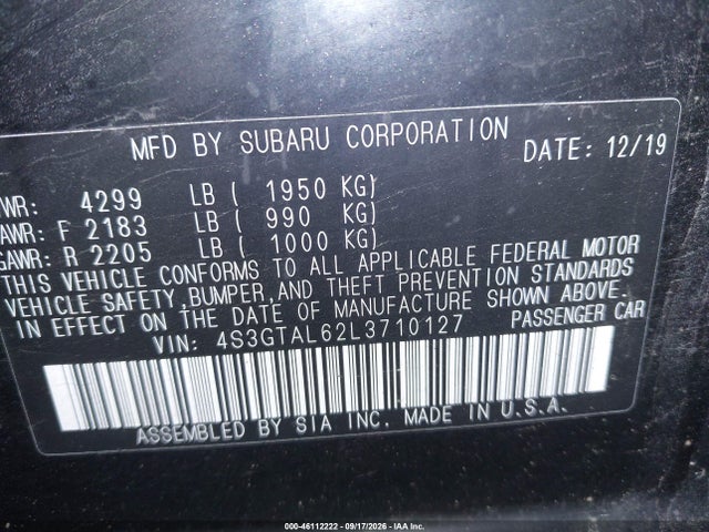 Aukcja sprzedaży 2020 Subaru Impreza Sport 5-door, vin: 4S3GTAL62L3710127, numer aukcji: 46112222